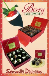 Image of strawberries dipped in chocolate from Berry Gourmet catalog