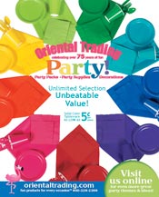 Picture of childrens party supplies and decorations from Oriental Trading catalog
