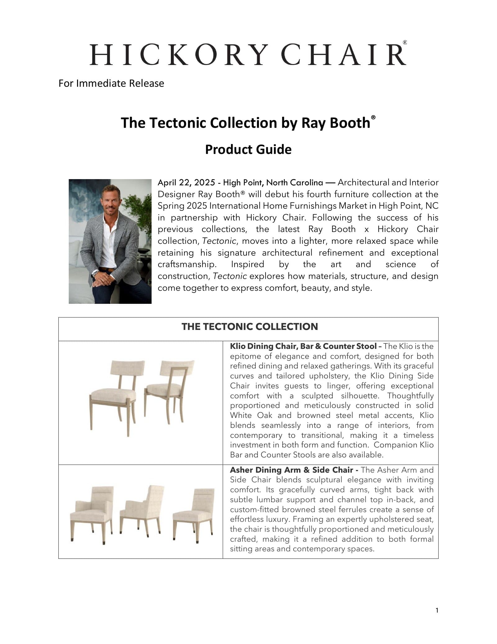 Hickory Chair Tectonic Collection by Ray Booth — Spring 2025